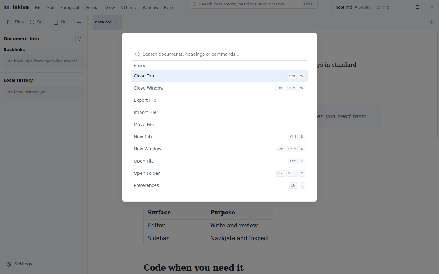 Inkiva command launcher with document, heading, and command results