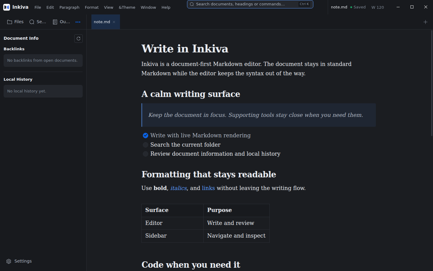 Inkiva editor in the Dark appearance