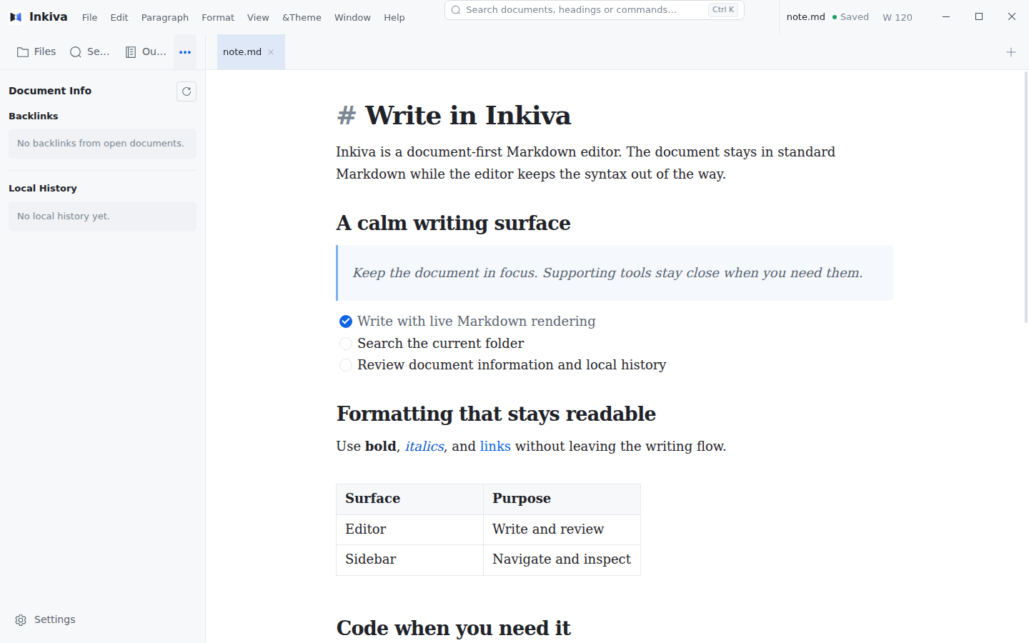 Inkiva Document Info sidebar with Backlinks and Local History