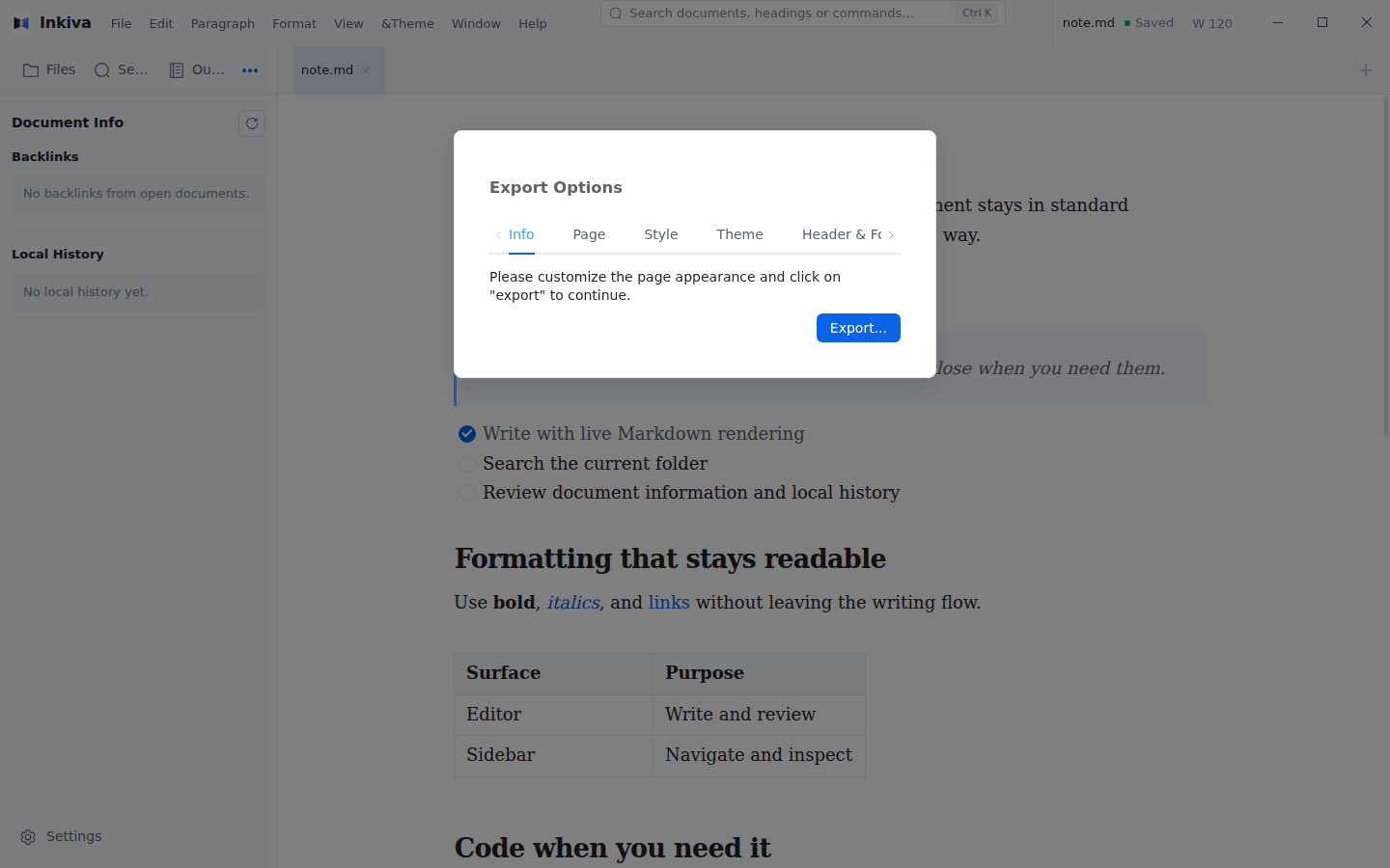 Inkiva Export Options dialog with page, style, theme, and header and footer tabs