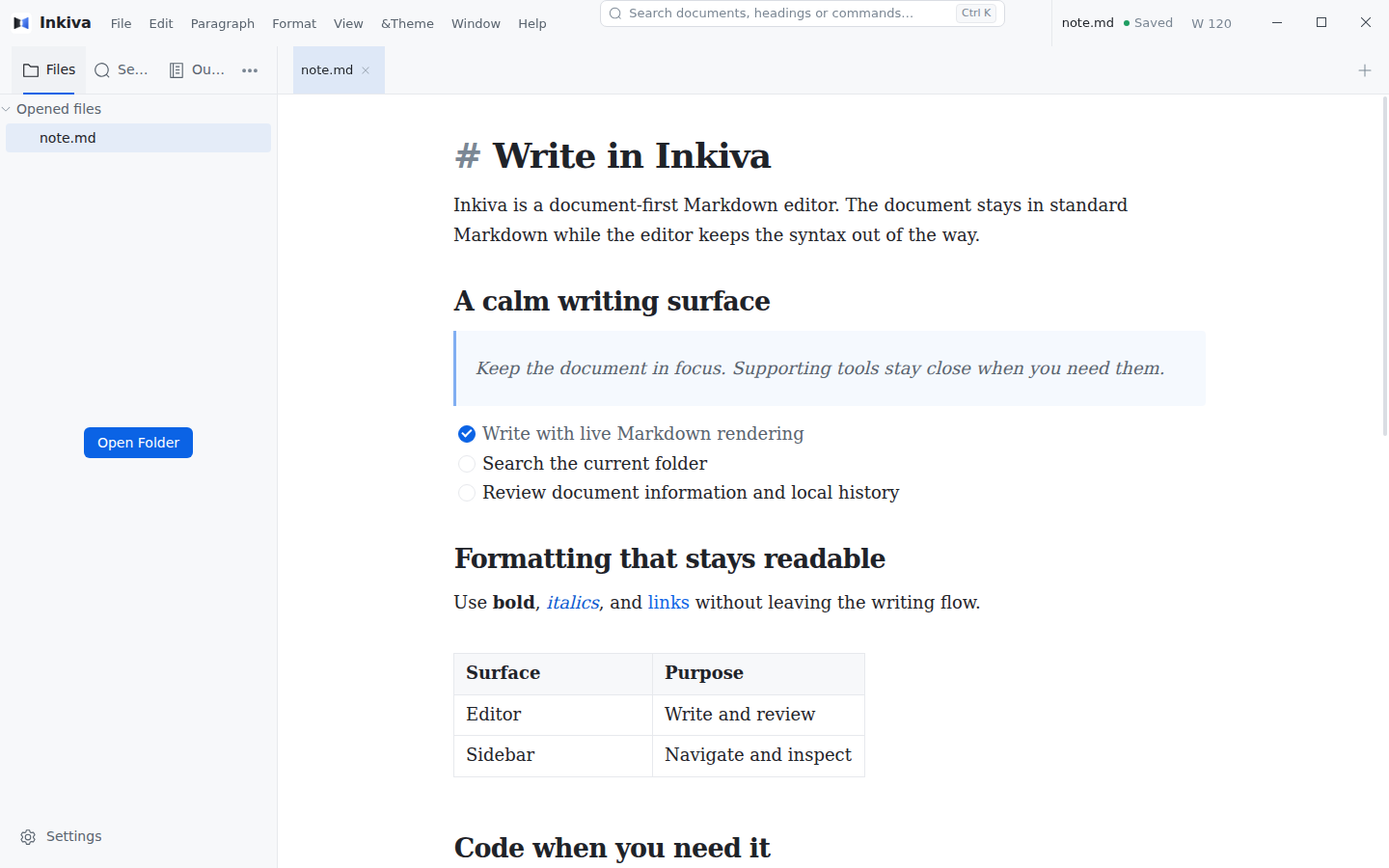 Inkiva Files sidebar showing a folder tree and Opened Files
