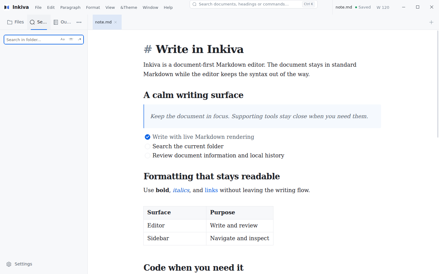 Inkiva Search sidebar for searching the opened folder