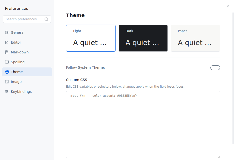 Inkiva Theme preferences with Light, Dark, and Paper previews